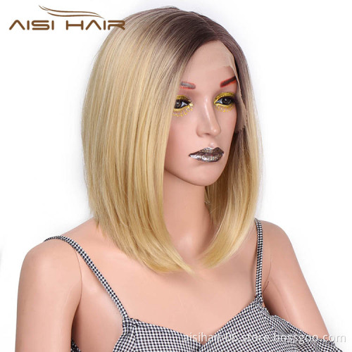 Aisi Hair Short Bob Ombre Blonde Dark Root Wig Silky Straight Front Lace Wig Cosplay Lace Front Hair Wigs For Black White Women